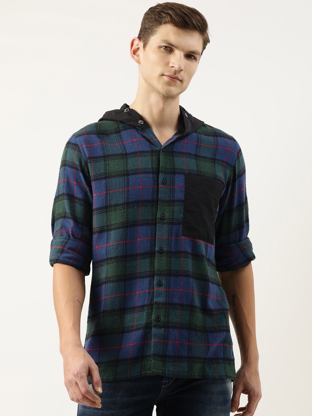 

Bene Kleed Men Checked Pure Cotton Hooded Casual Shirt, Green
