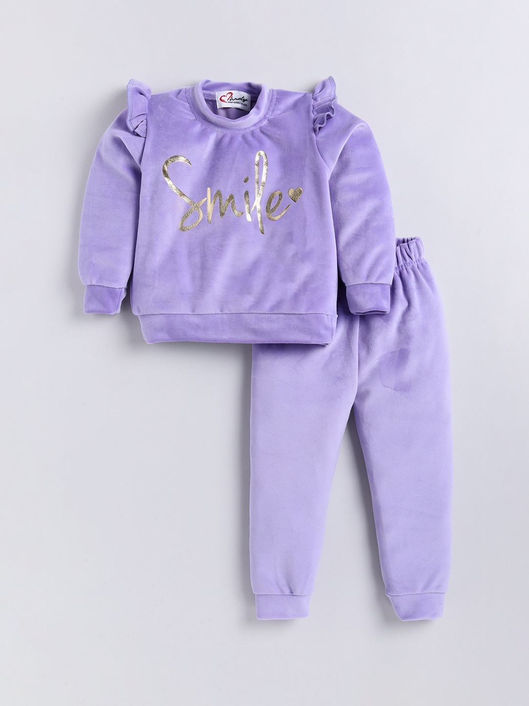 

M'andy Girls Smile Foil Printed Frill Detail Velvet Tracksuit, Purple