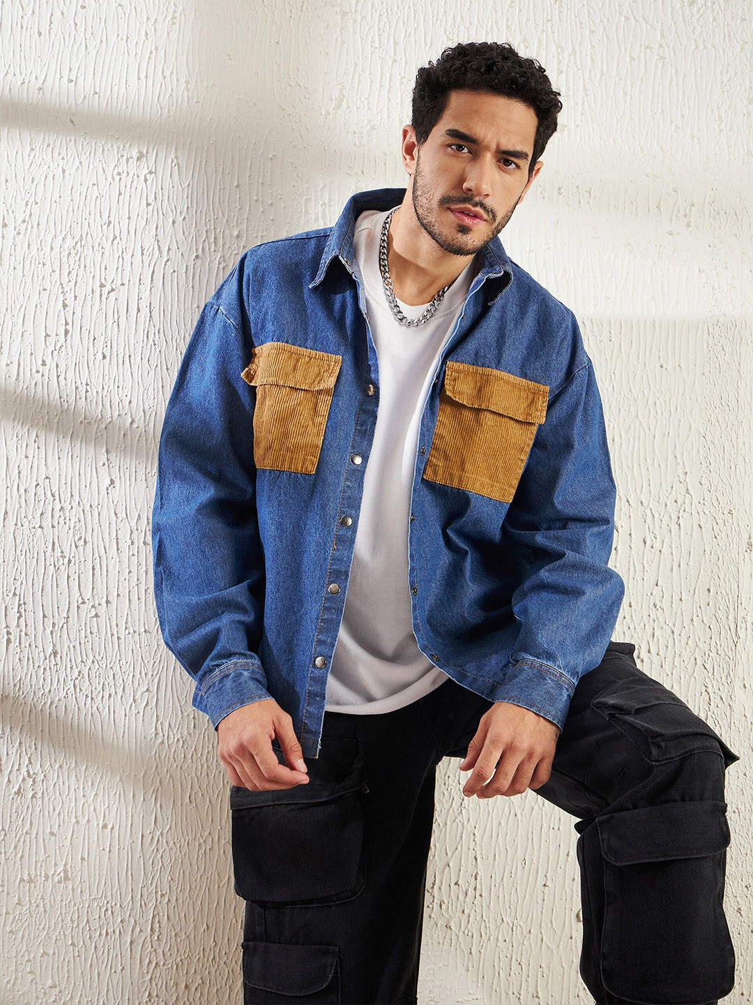 

FUGAZEE Blue Colourblocked Straight Oversized Cotton Casual Shirt