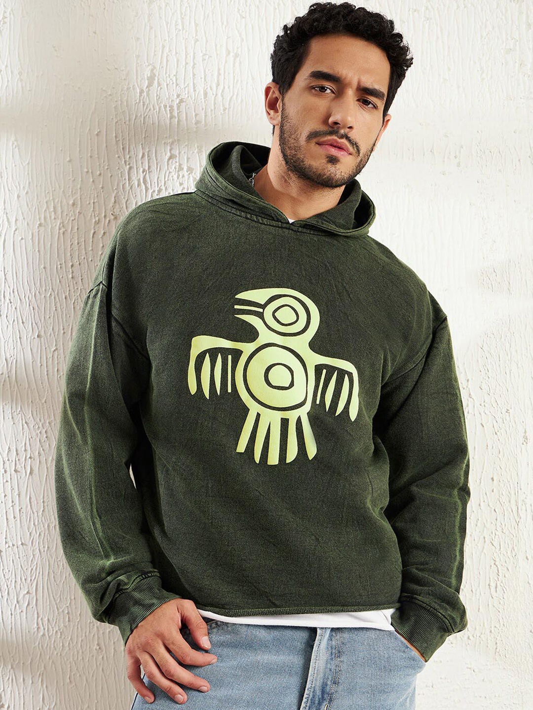 

FUGAZEE Abstract Printed Hooded Cotton Pullover Sweatshirt, Olive