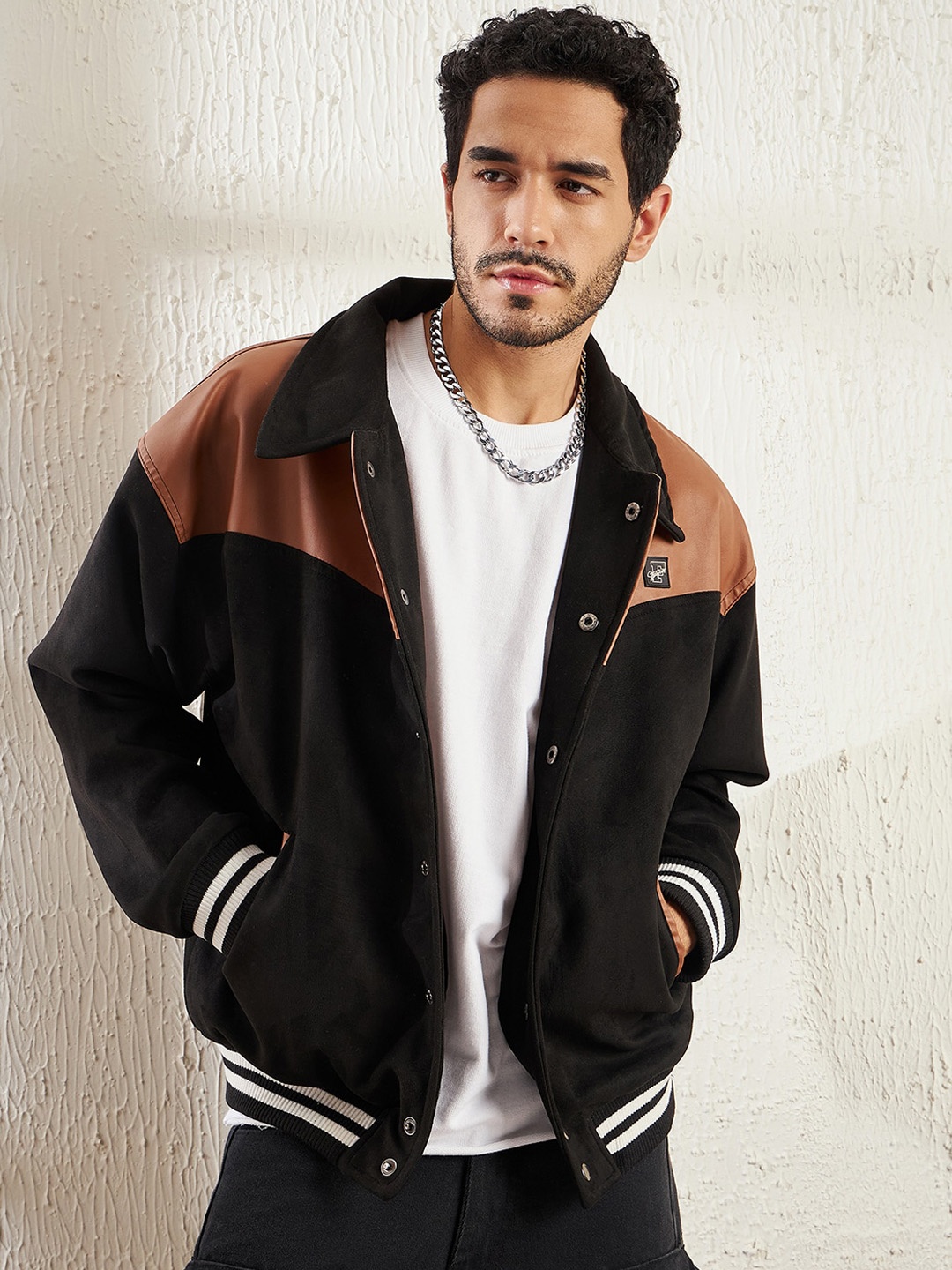 

FUGAZEE Black & Brown Colourblocked Fleece Bomber Jacket
