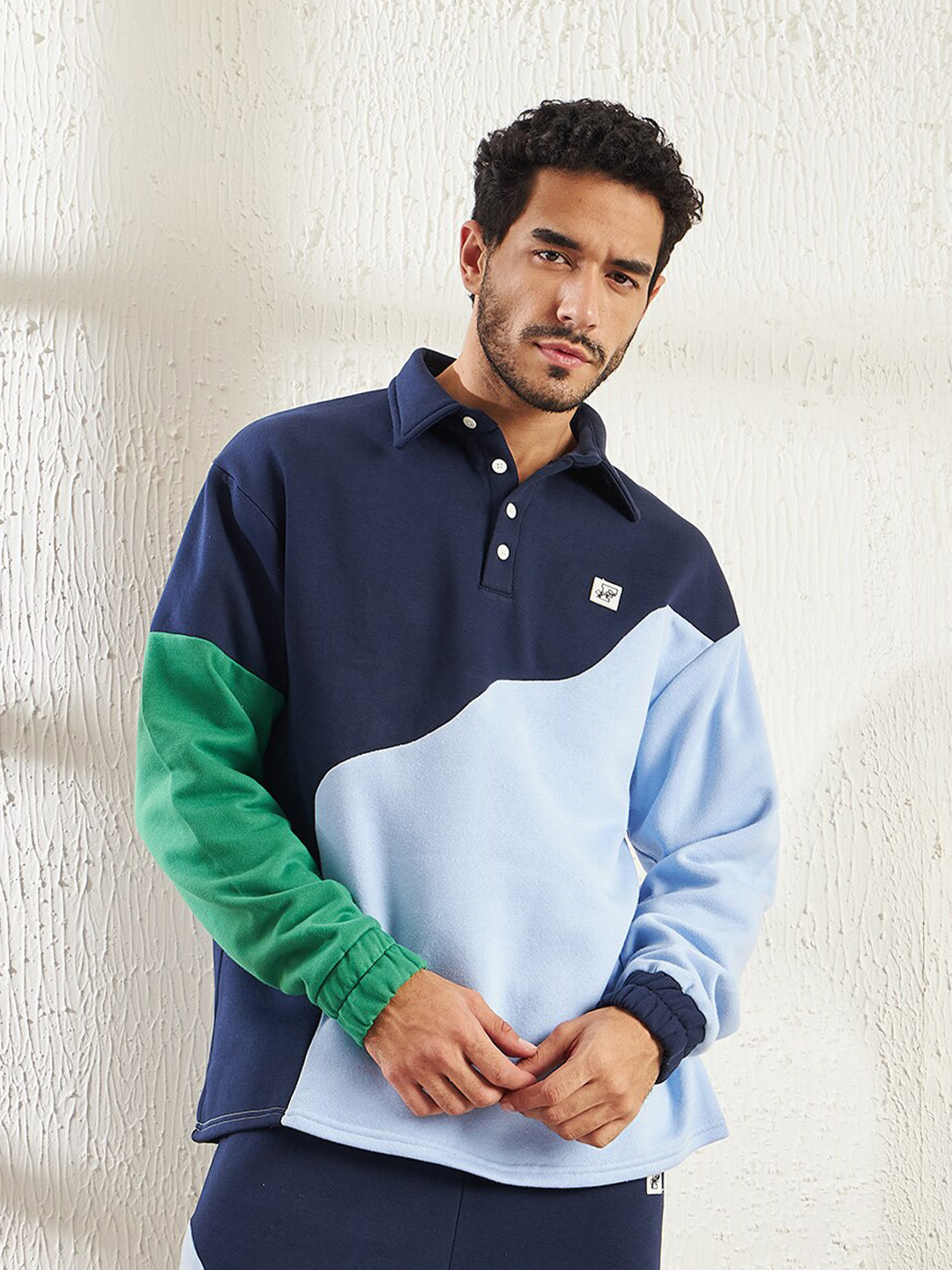 

FUGAZEE Colourblocked Cotton Pullover Sweatshirt, Navy blue
