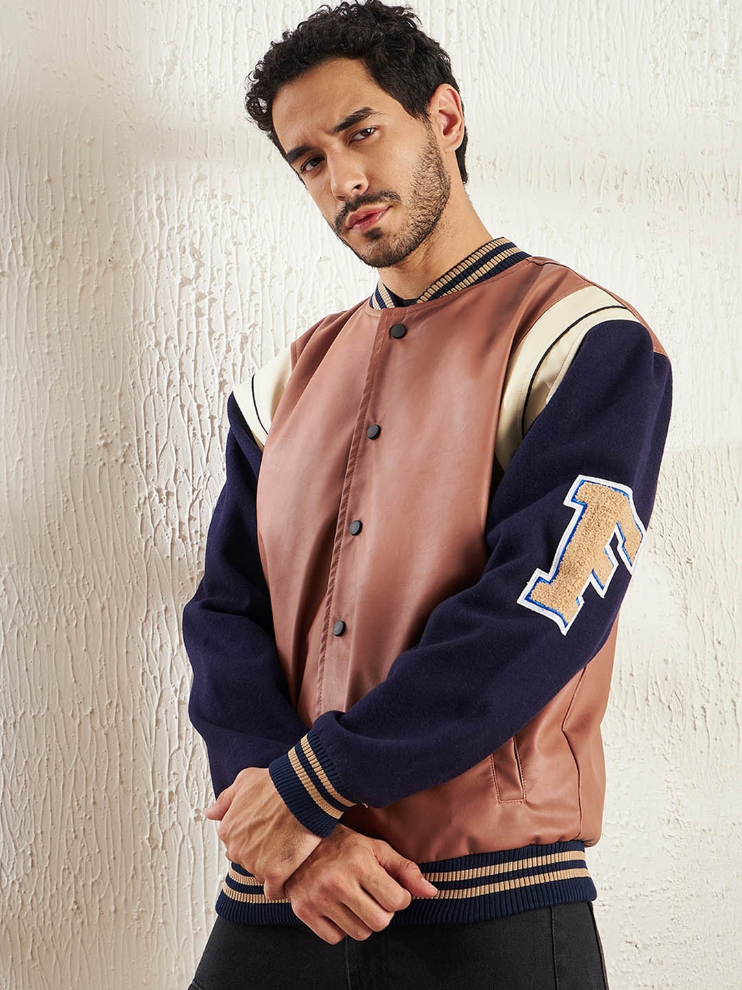 

FUGAZEE Mandarin Collar Varsity Jacket, Mustard