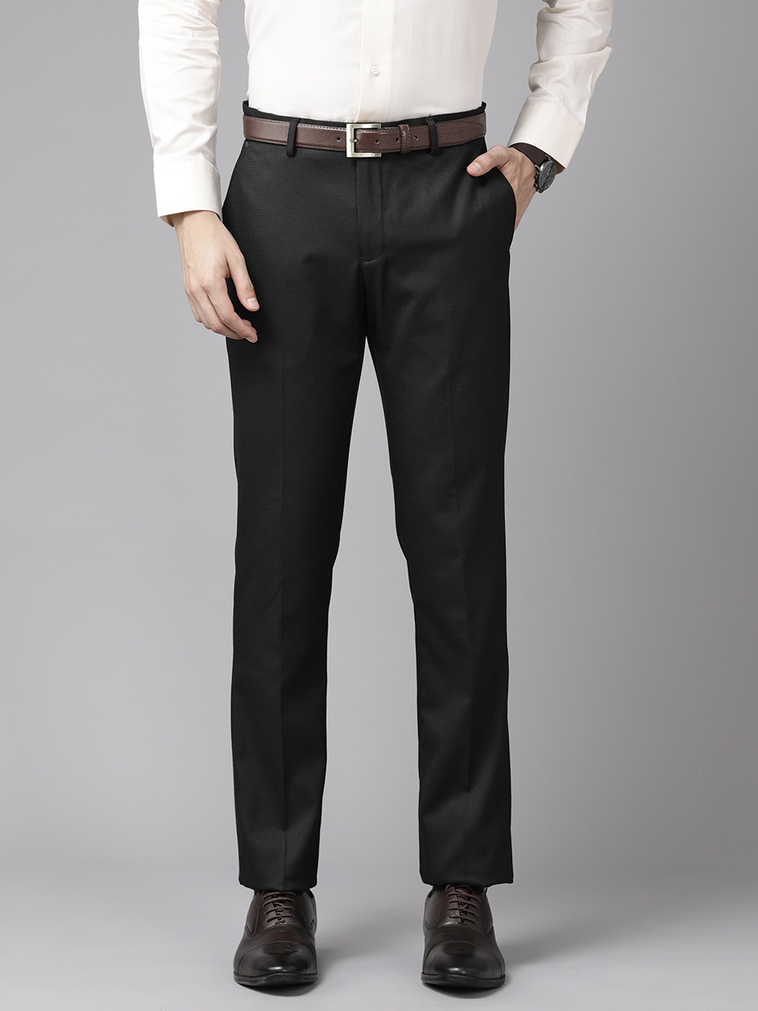 

Blackberrys Men Textured Slim Fit Formal Trousers, Black