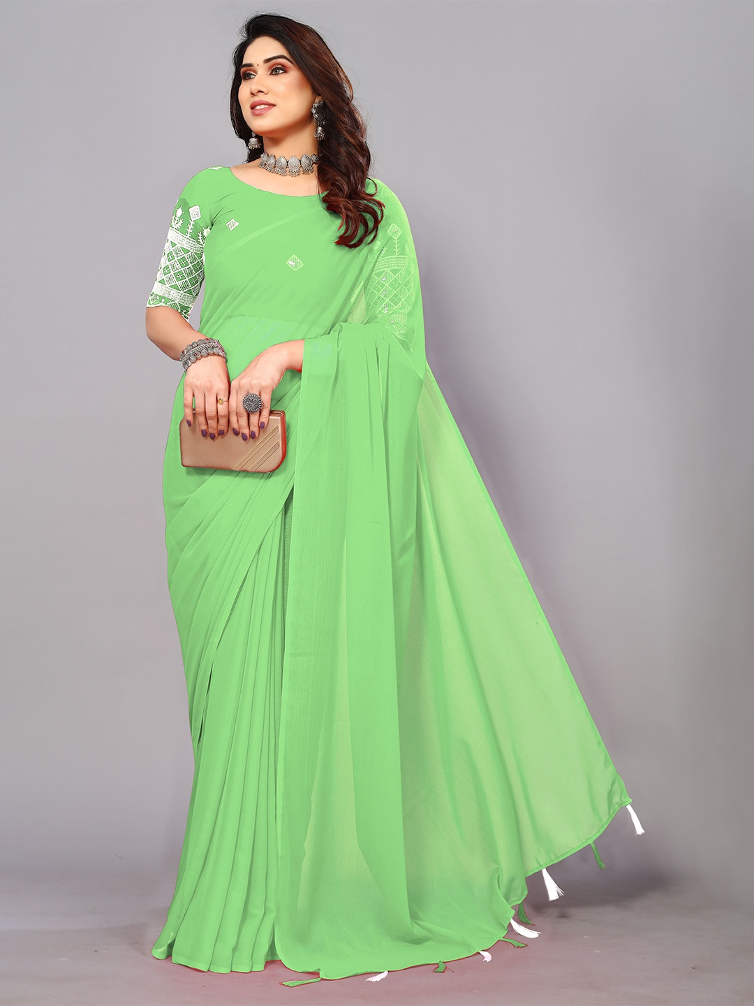

ZELZIS Tasseled Poly Georgette Saree, Sea green