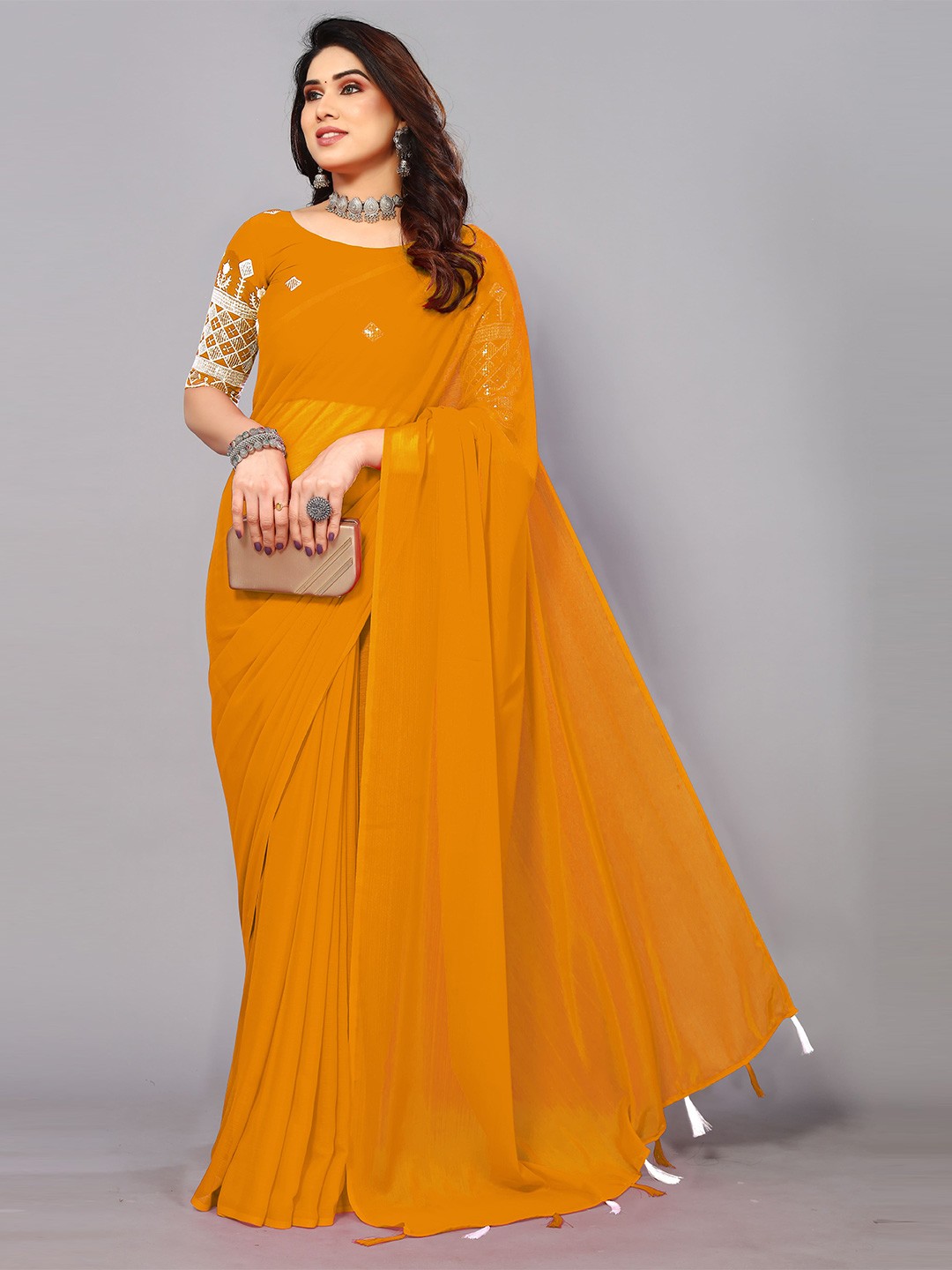 

ZELZIS Saree With Embroidered Blouse, Yellow