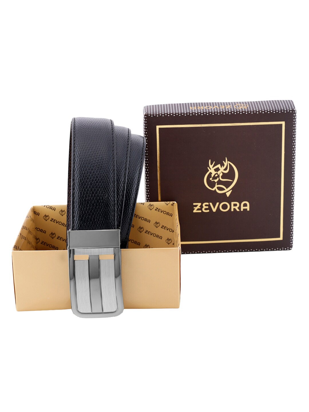 

ZEVORA Men Textured Leather Reversible Belt, Black