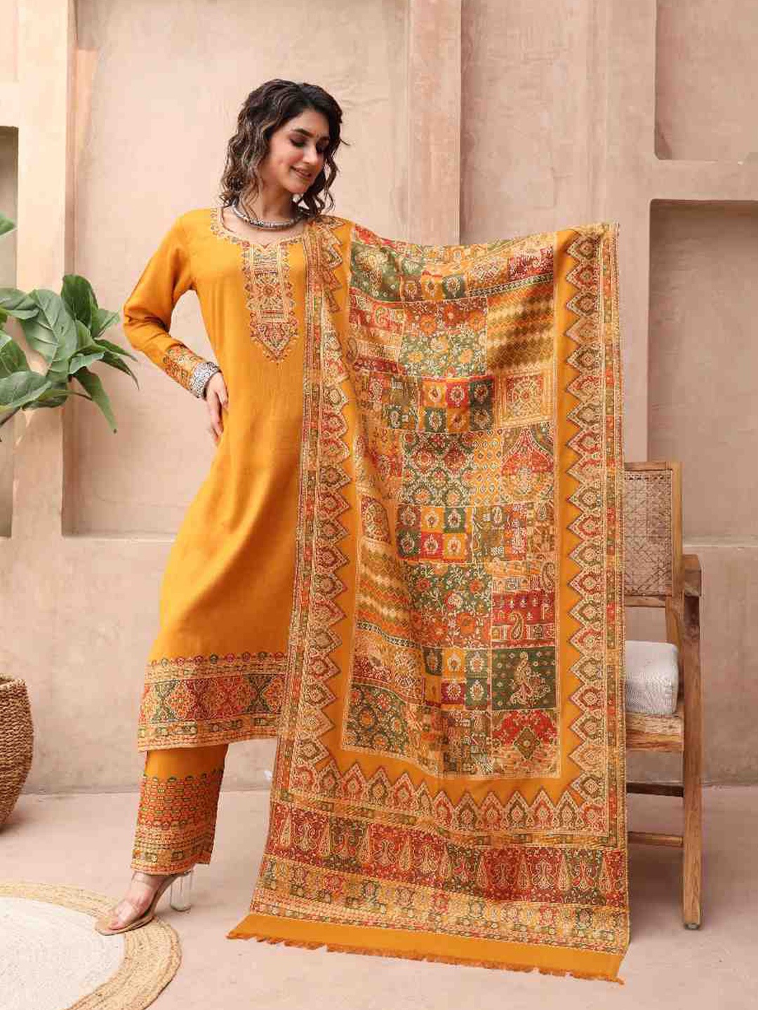 

KIDAR Ethnic Motifs Printed Unstitched Dress Material, Mustard