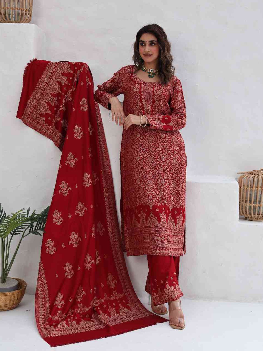 

KIDAR Ethnic Motifs Printed Unstitched Dress Material, Maroon