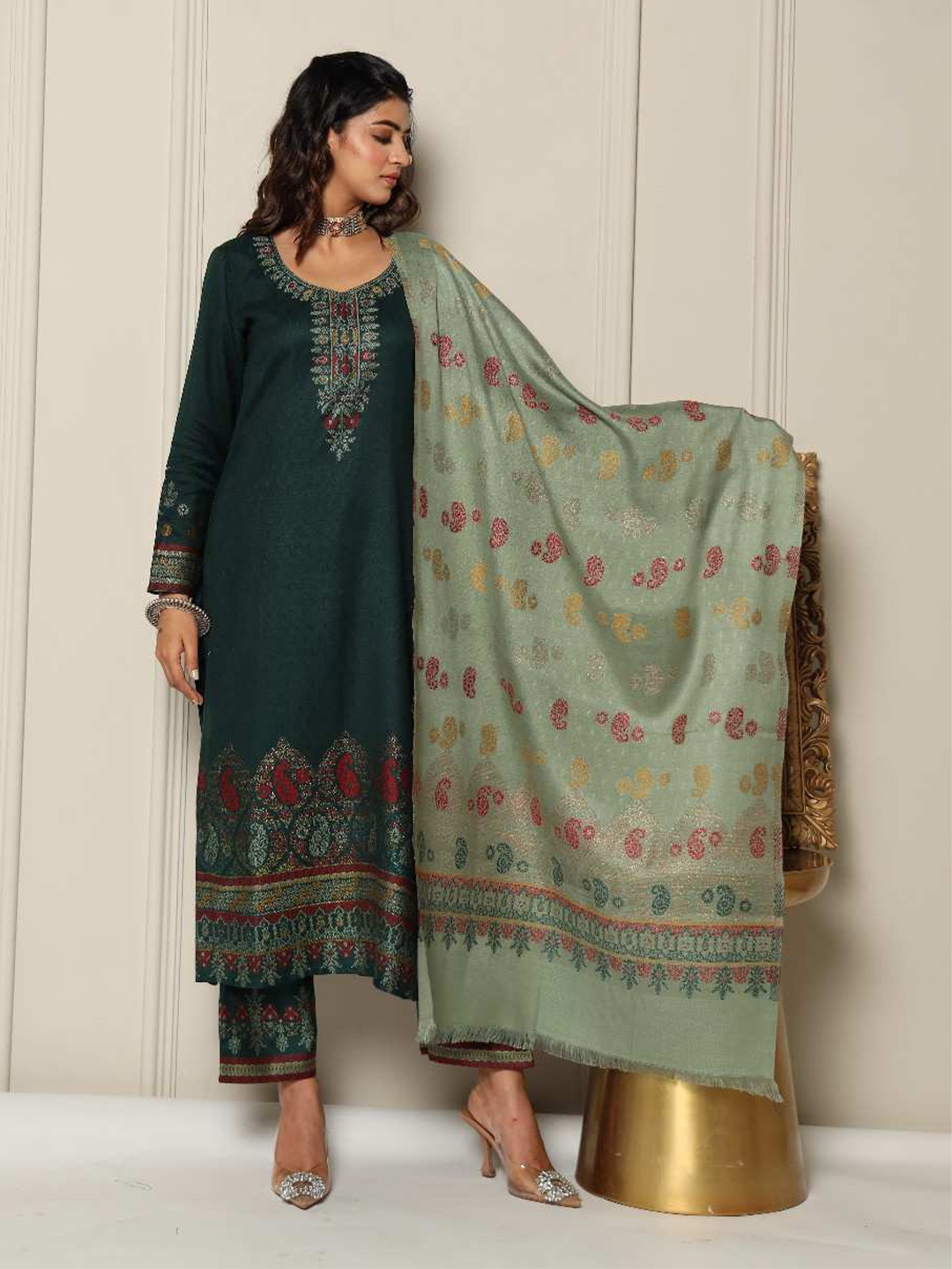 

KIDAR Ethnic Motifs Printed Unstitched Dress Material, Green