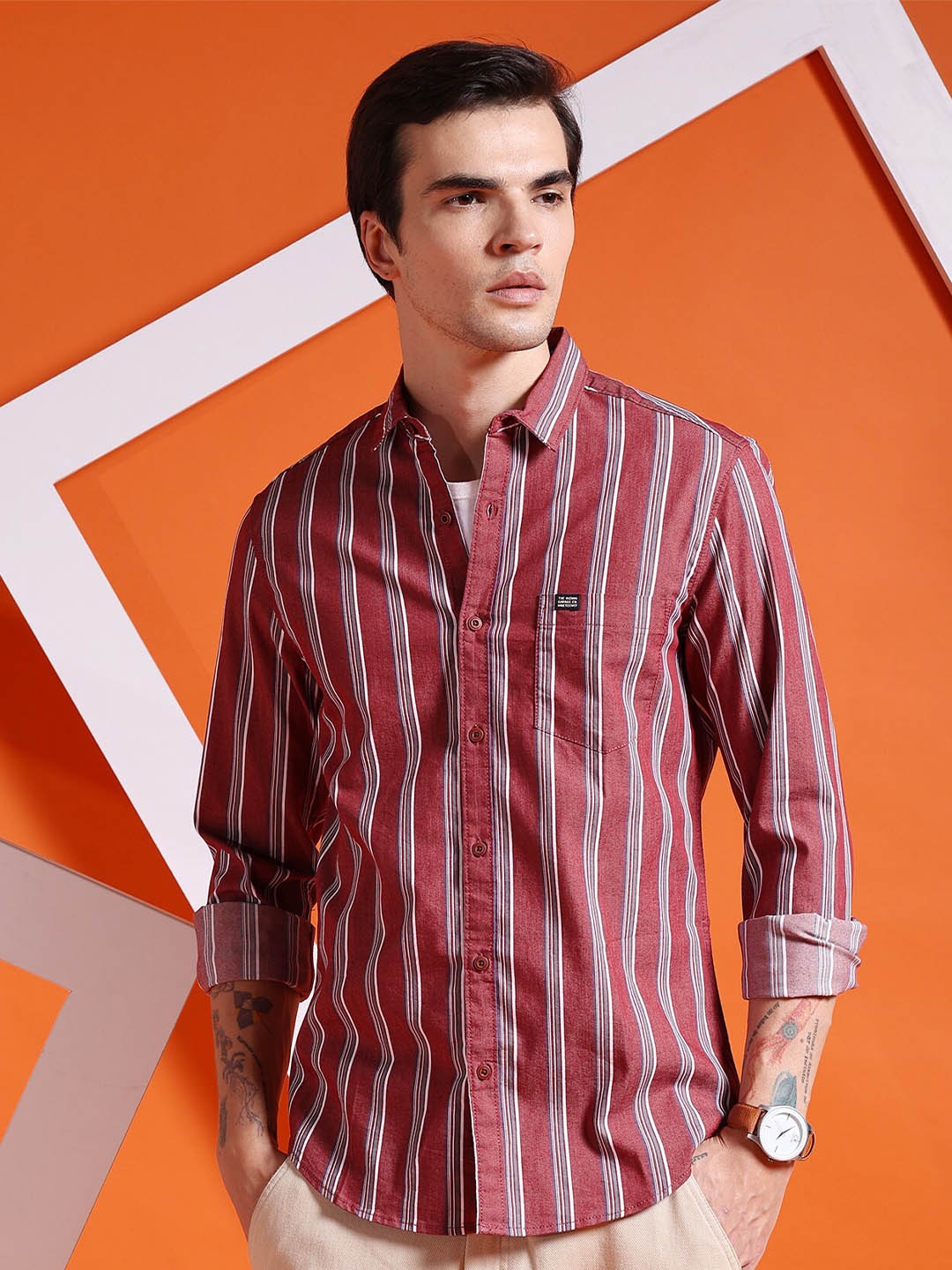 

The Indian Garage Co Striped Slim Fit Classic Cotton Casual Shirt, Rust