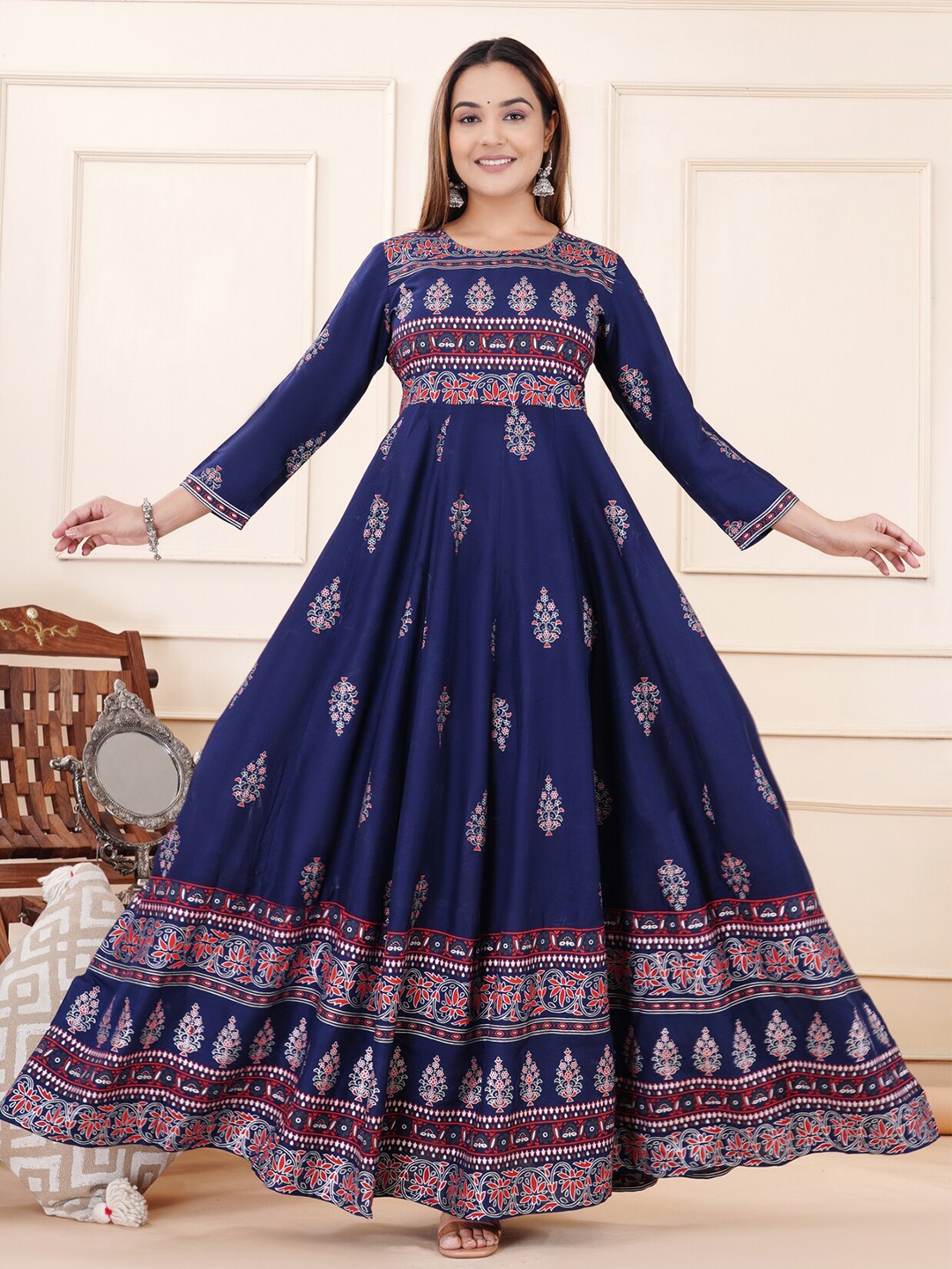 

PURSHOTTAM WALA Ethnic Motifs Printed Round Neck Fit & Flare Maxi Ethnic Dress, Blue