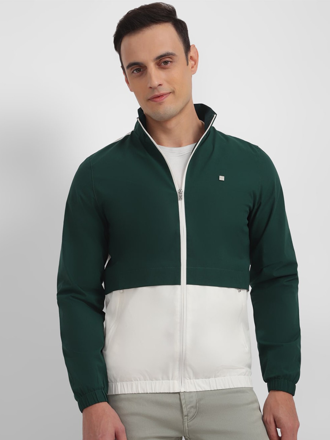 

Allen Solly Mock Collar Colorblocked Cotton Tailored Jacket, Green