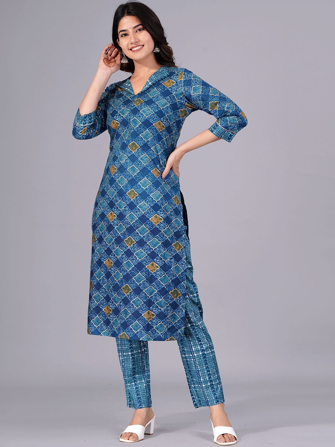 

JAIPURI COLLECTION Ethnic Motifs Printed Pure Cotton Regular Kurta with Trousers, Blue