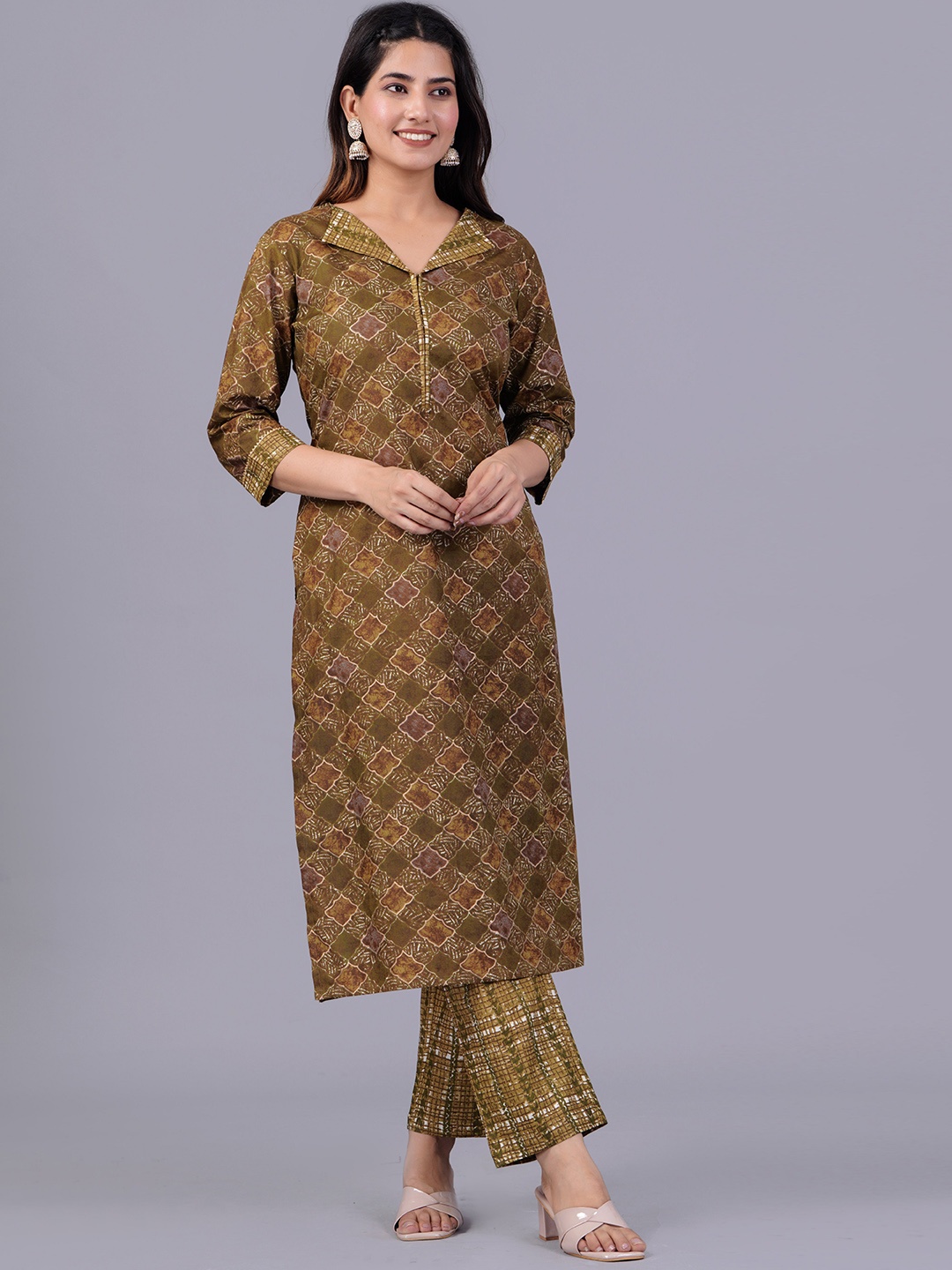 

JAIPURI COLLECTION Ethnic Motifs Printed Pure Cotton Regular Kurta with Trousers, Brown