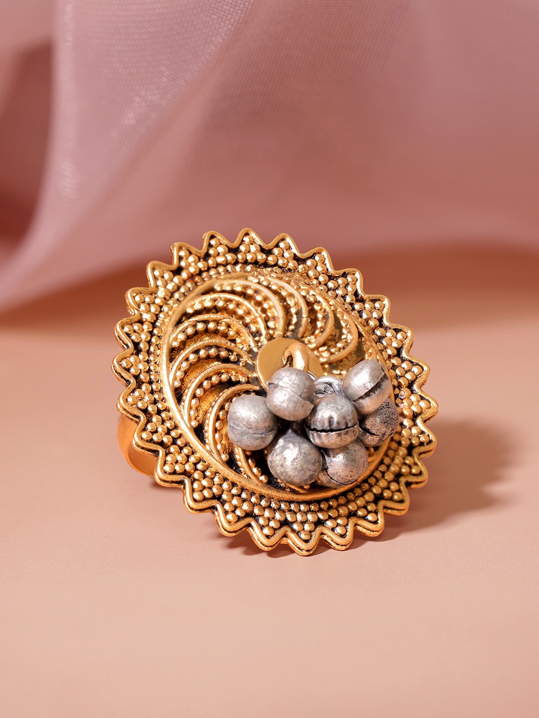 

Rubans Gold-Plated Ghungroo Beaded Oxidized Adjustable Finger Ring