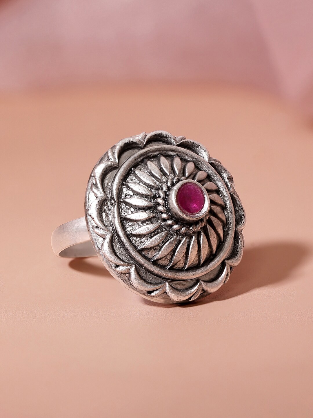 

Rubans Silver-Plated Oxidised Stone-Studded Adjustable Finger Ring