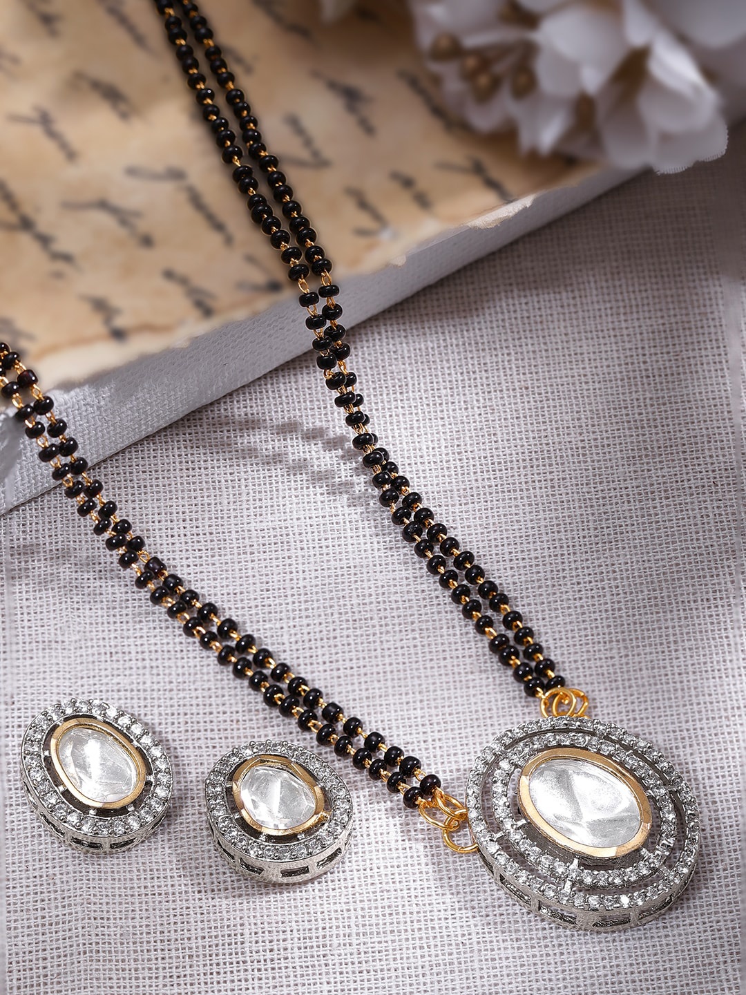 

Rubans 22K Gold-Plated Stone-Studded & Beaded Mangalsutra With Earrings