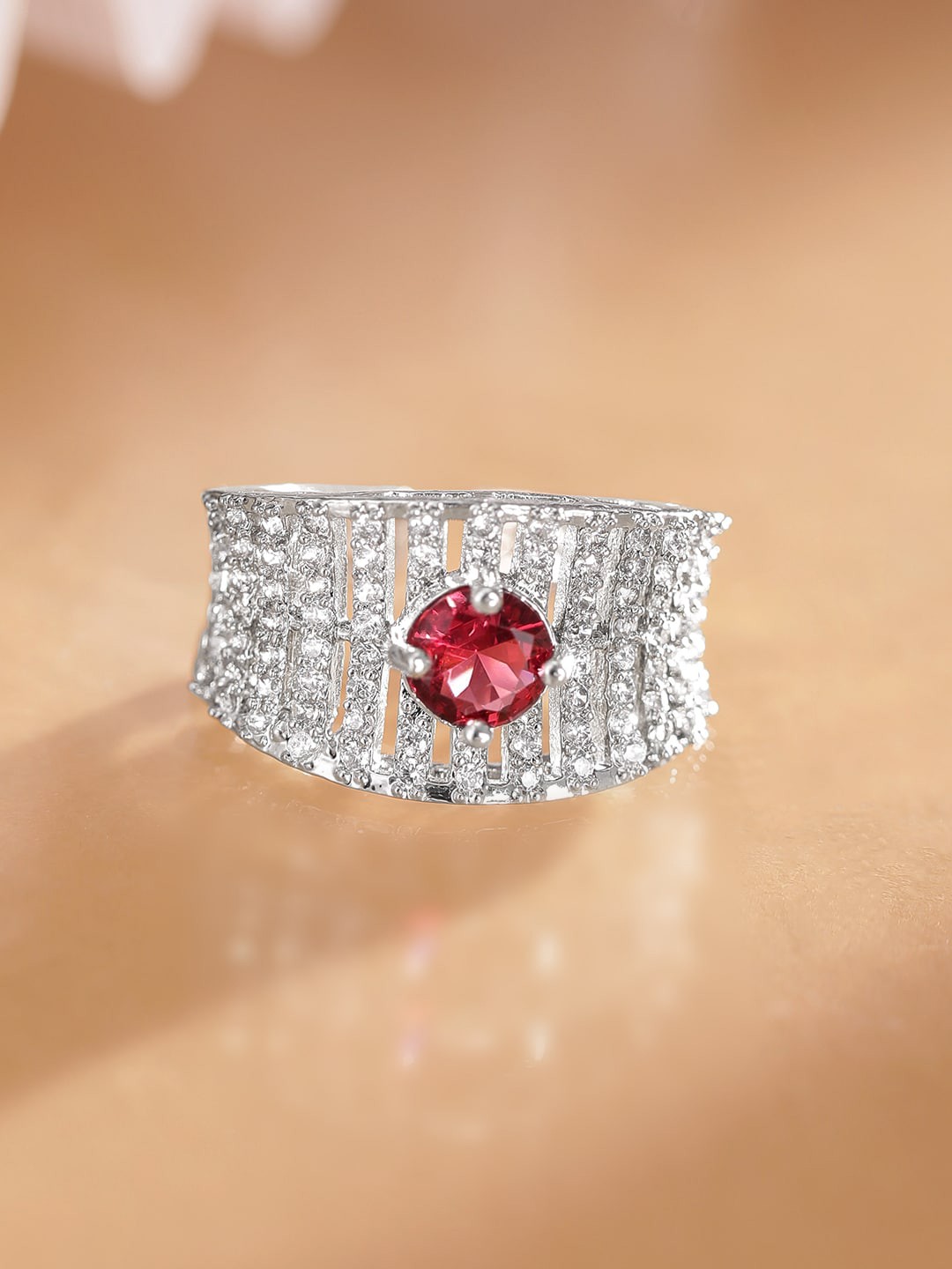 

Rubans Rhodium-Plated Cubic Zirconia Studded Finger Ring, Silver