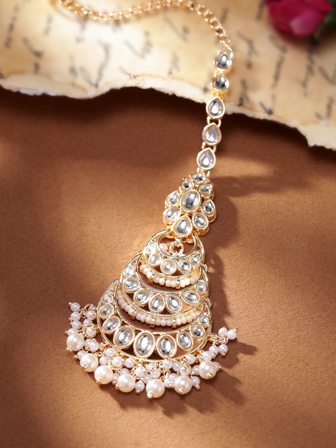 

Rubans 22k Gold Plated Kundan Stone Studded & Beaded Maang Tikka