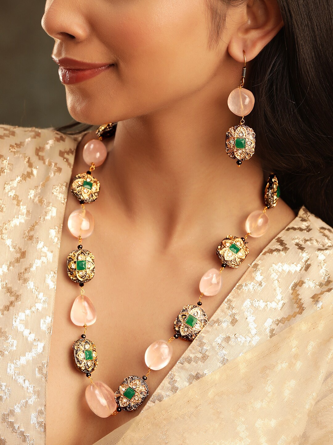 

Rubans 22K Gold-Plated Emerald Gemstone Quartz Beaded Zirconia Necklace Set