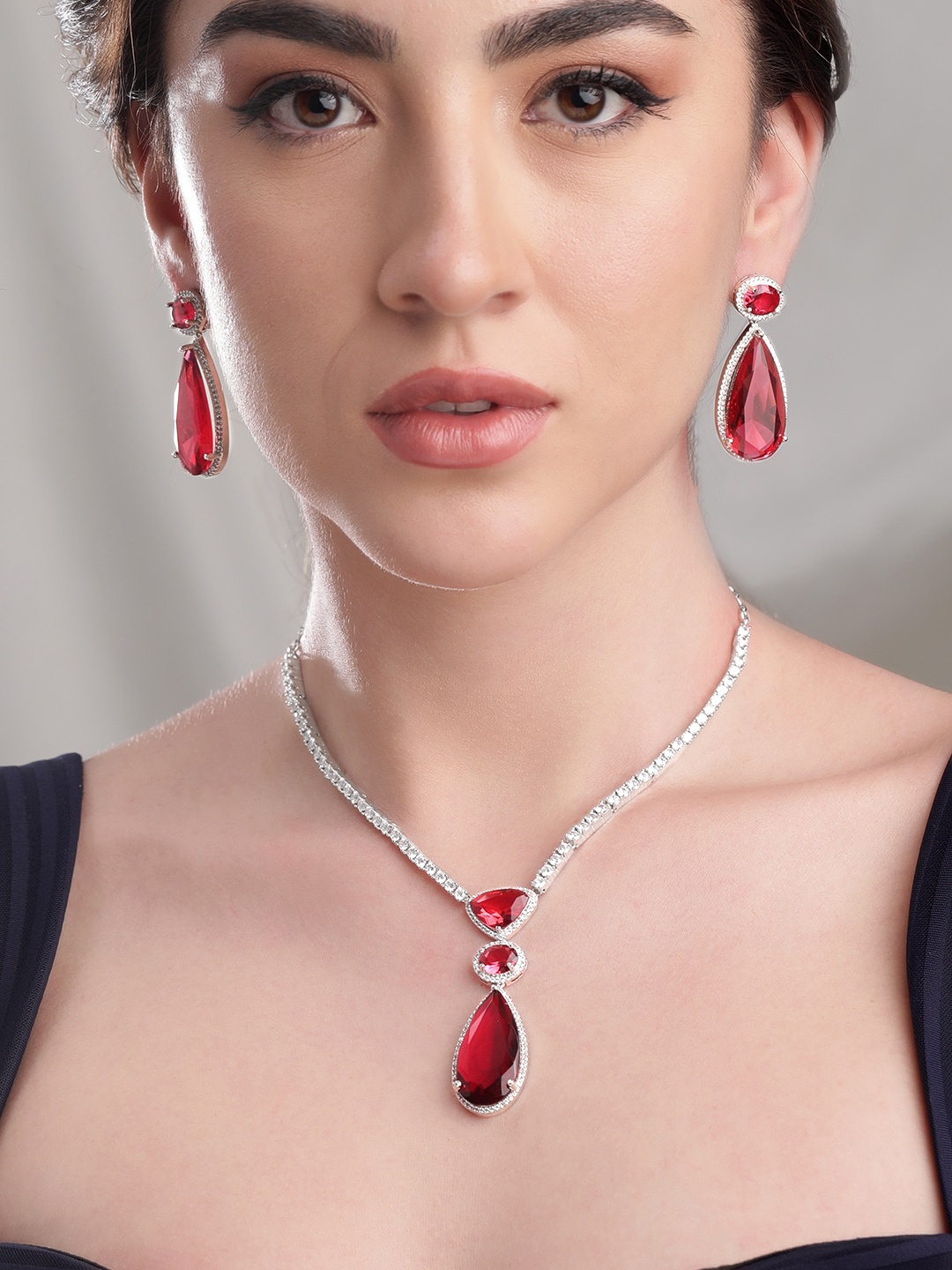 

Rubans Ruby Cubic Zirconia Necklace Set, Silver