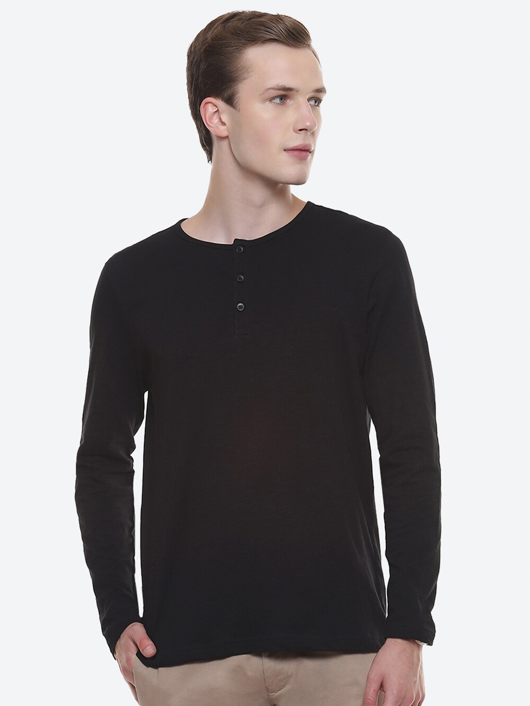 

2Bme Round Neck Long Sleeves Henley Neck Slim Fit Cotton T-shirt, Black