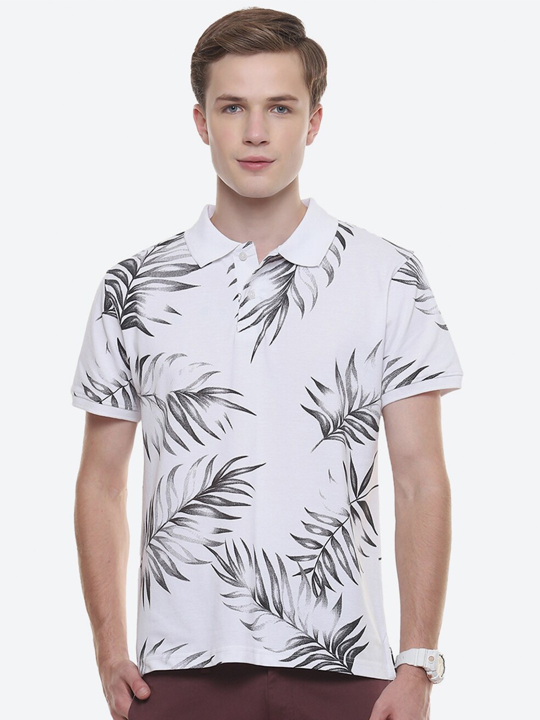 

2Bme Floral Printed Polo Collar Cotton T-shirt, Black