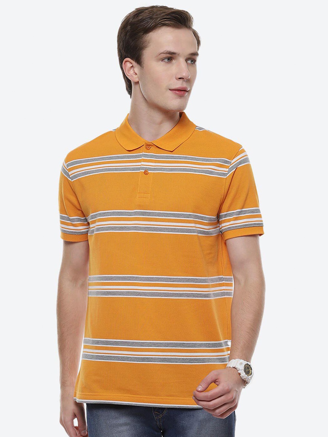 

2Bme Striped Polo Collar Cotton T-shirt, Orange
