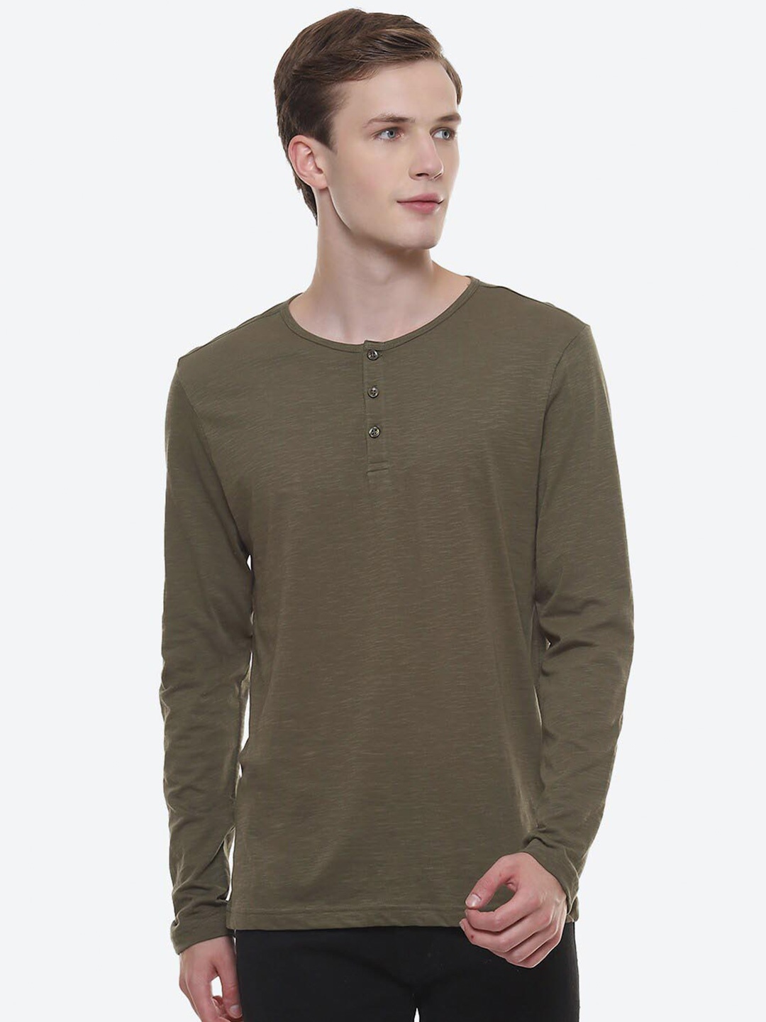 

2Bme Henley Neck Cotton T-shirt, Olive