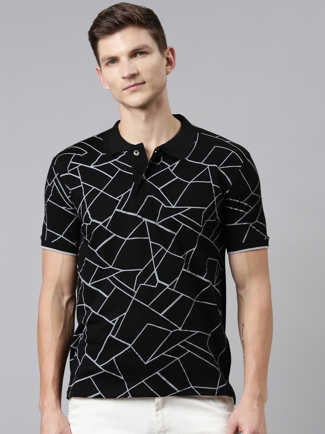 

Kryptic Abstract Printed Polo Collar Pure Cotton T-Shirt, Black
