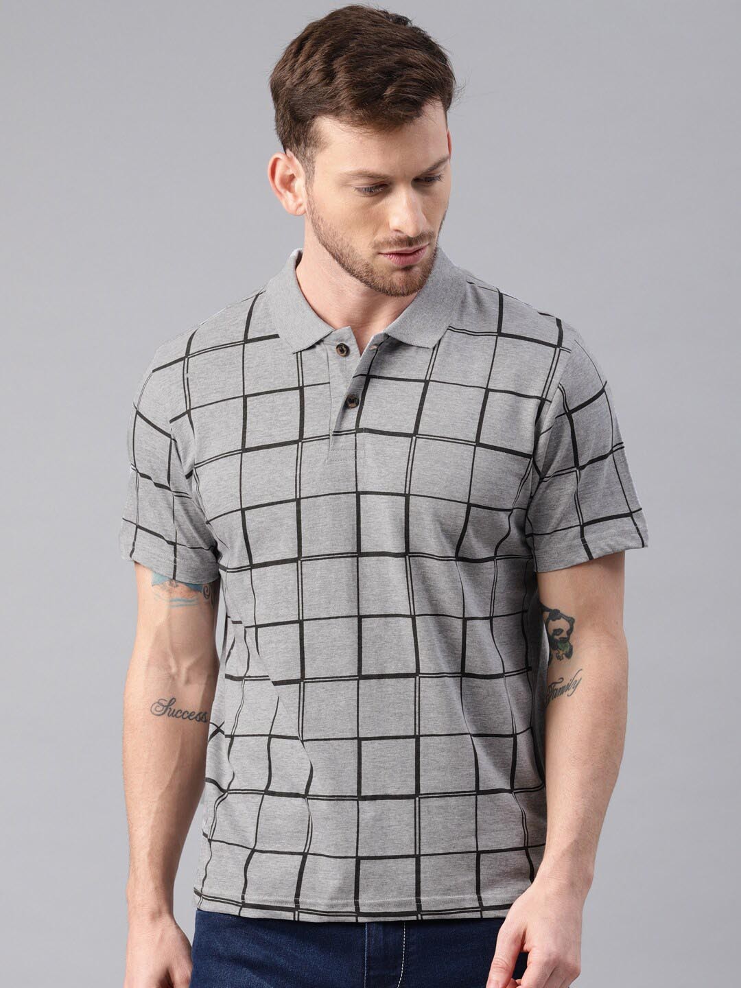 

Kryptic Checked Pure Cotton Polo Collar T-shirt, Grey