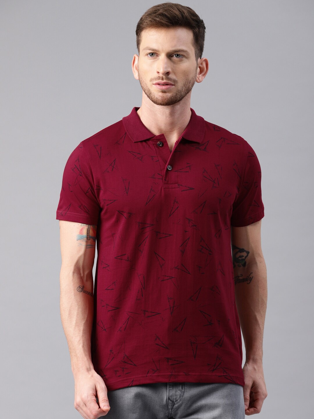 

Kryptic Geometric Printed Polo Collar Pure Cotton Regular Fit T-shirt, Maroon