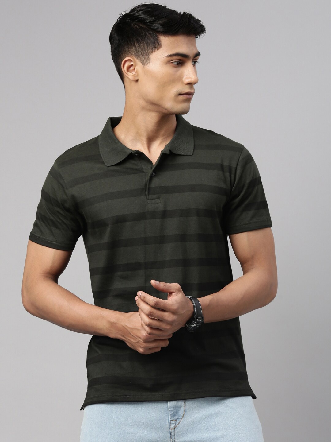 

Kryptic Striped Polo Collar Pure Cotton T-shirt, Green