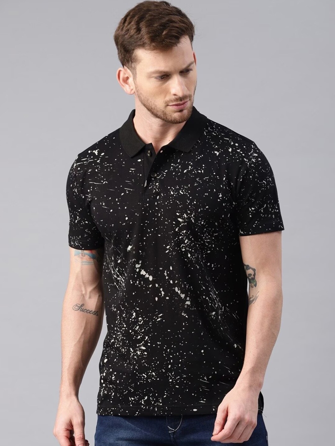 

Kryptic Abstract Printed Polo Collar Pure Cotton T-shirt, Black