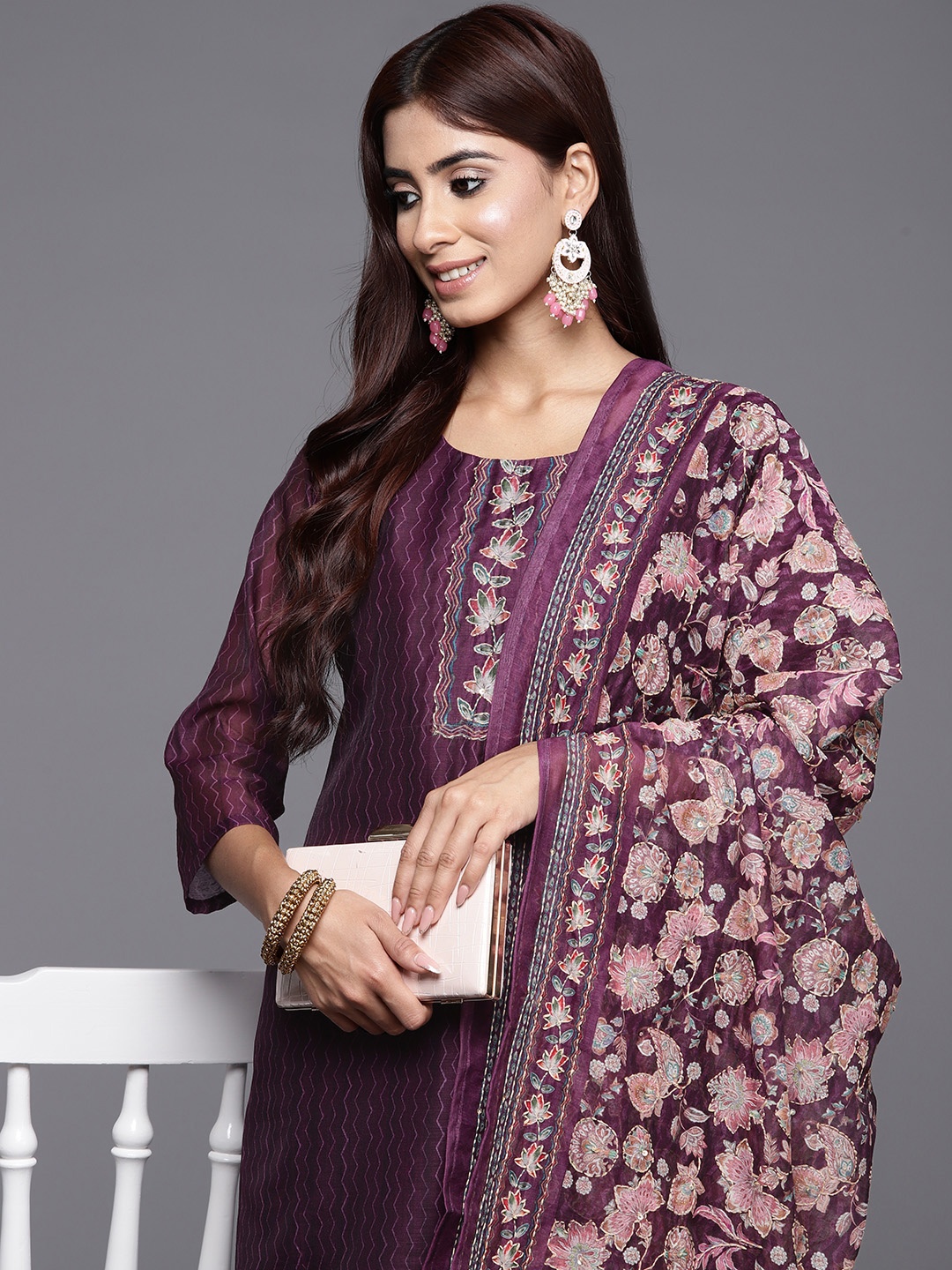 

Varanga Women Chevron Printed Regular Kurta with Trousers & With Dupatta, Burgundy