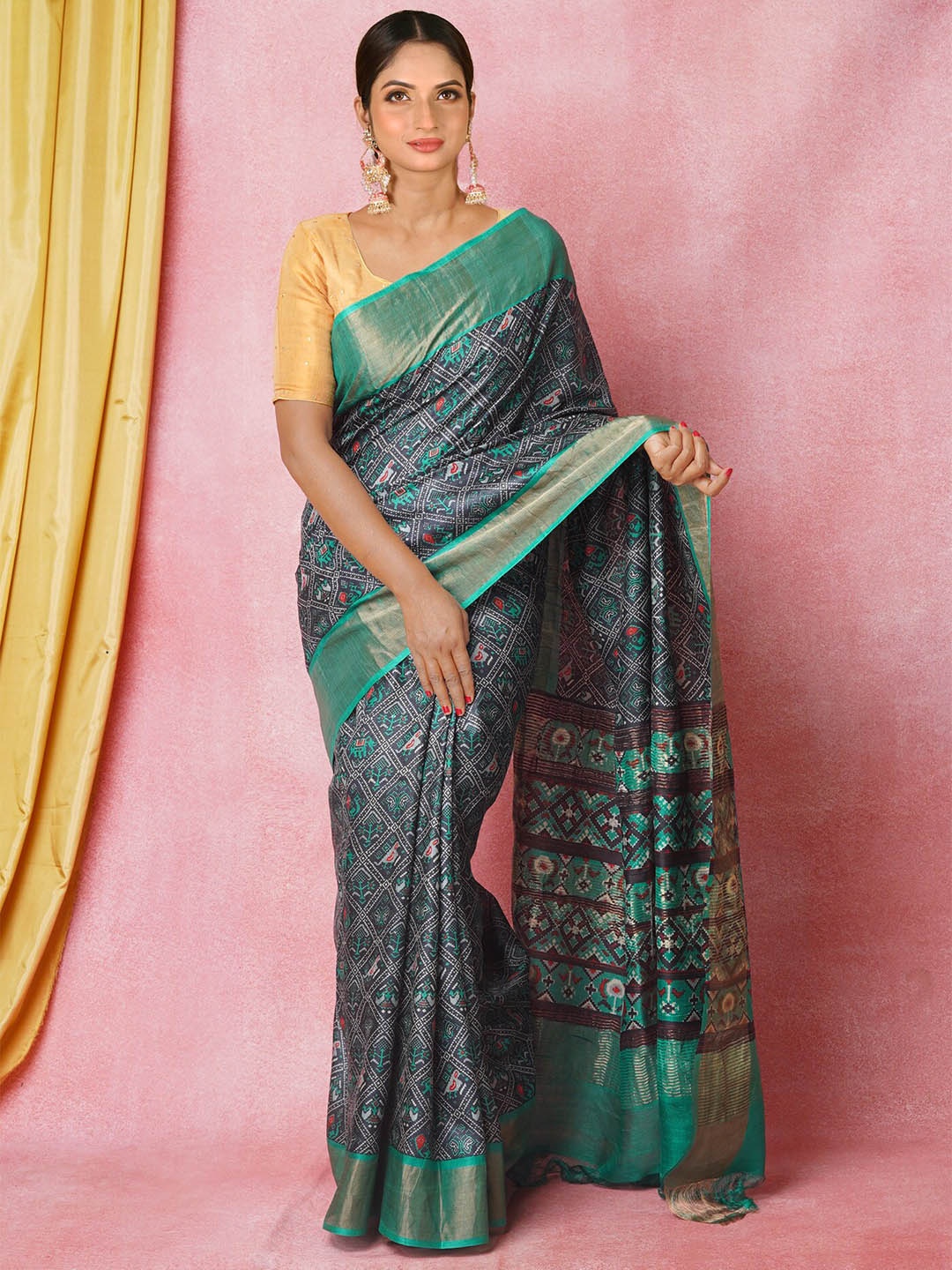 

Unnati Silks Ethnic Motifs Printed Pure Silk Handloom Tussar Saree, Black