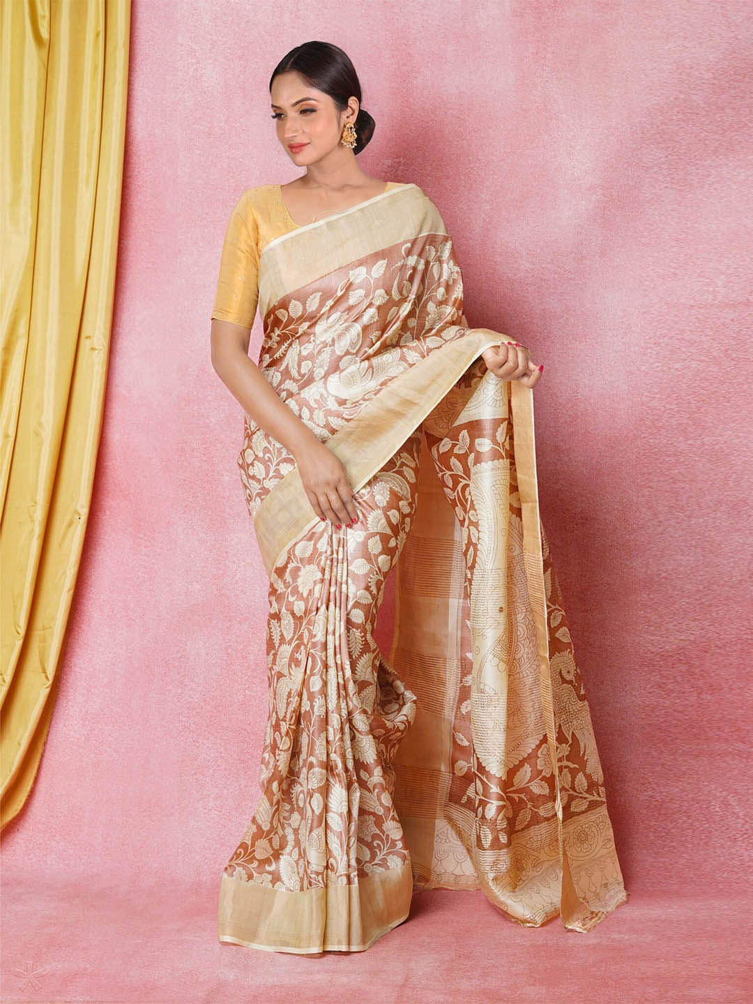 

Unnati Silks Ethnic Motifs Printed Pure Silk Tussar Saree, Peach