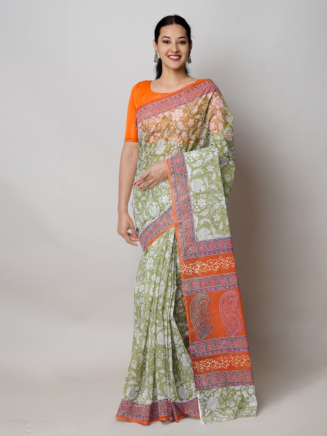 

Unnati Silks Ethnic Motifs Block Printed Pure Cotton Kota Saree, Green