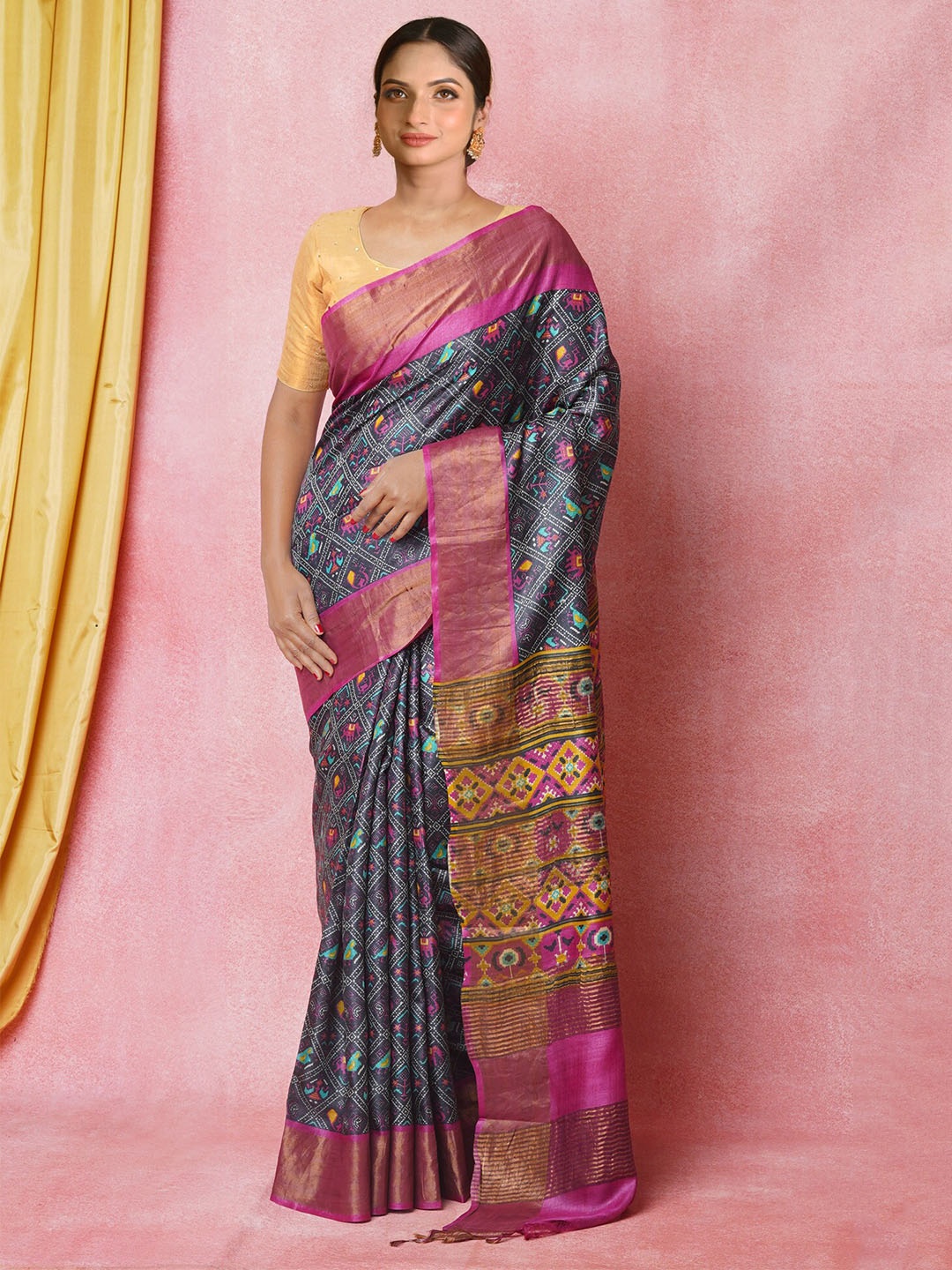 

Unnati Silks Ethnic Motifs Printed Pure Silk Tussar Saree, Black
