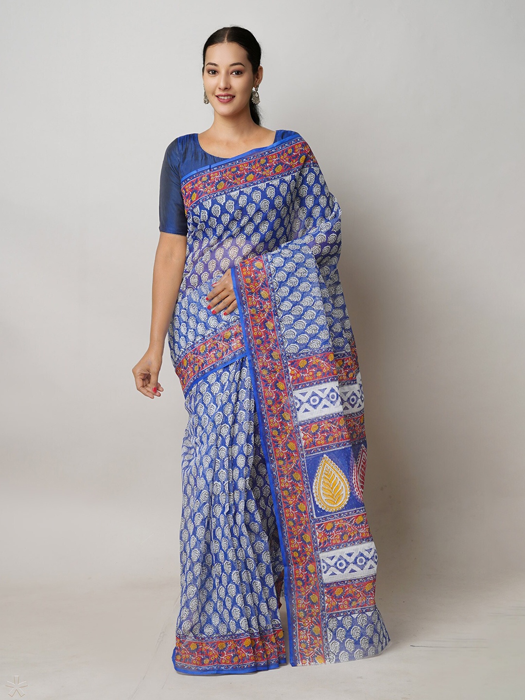

Unnati Silks Ethnic Motifs Printed Pure Cotton Handloom Kota Saree, Blue