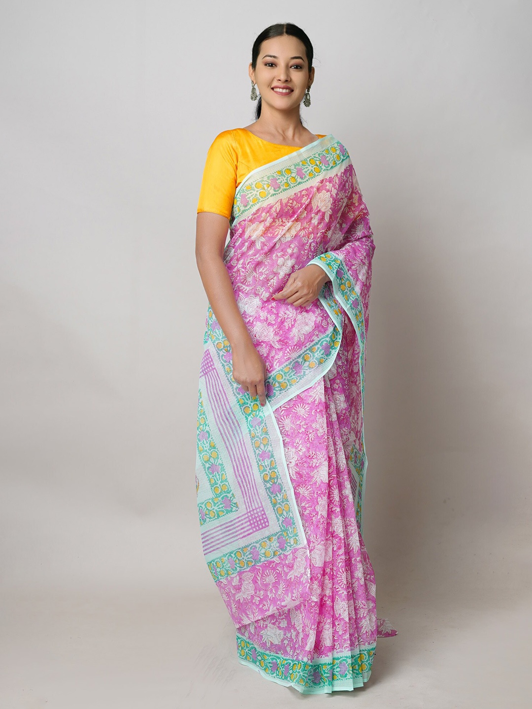 

Unnati Silks Ethnic Motifs Block Printed Pure Cotton Kota Saree, Pink