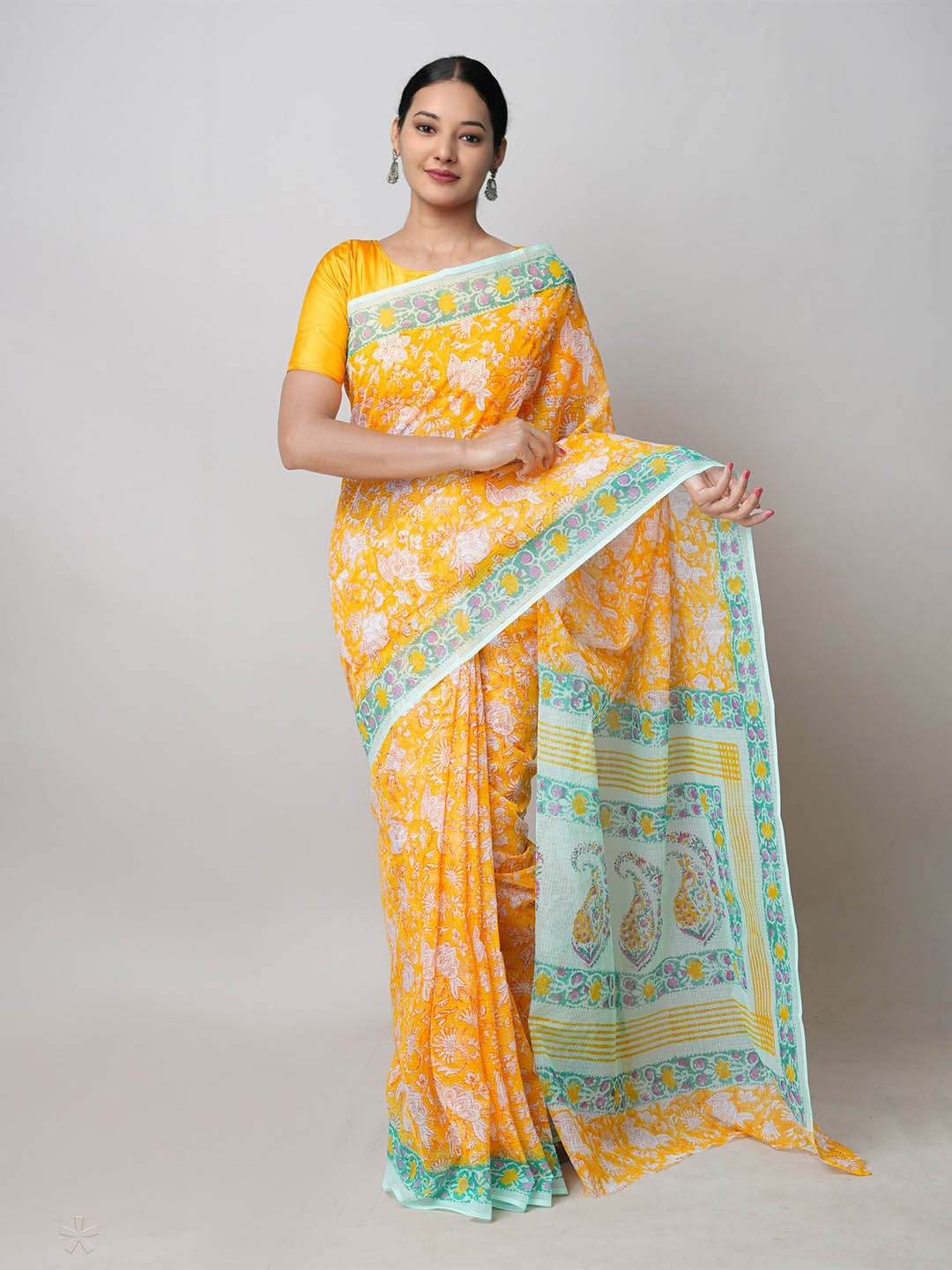 

Unnati Silks Ethnic Motifs Printed Pure Cotton Handloom Kota Saree, Yellow