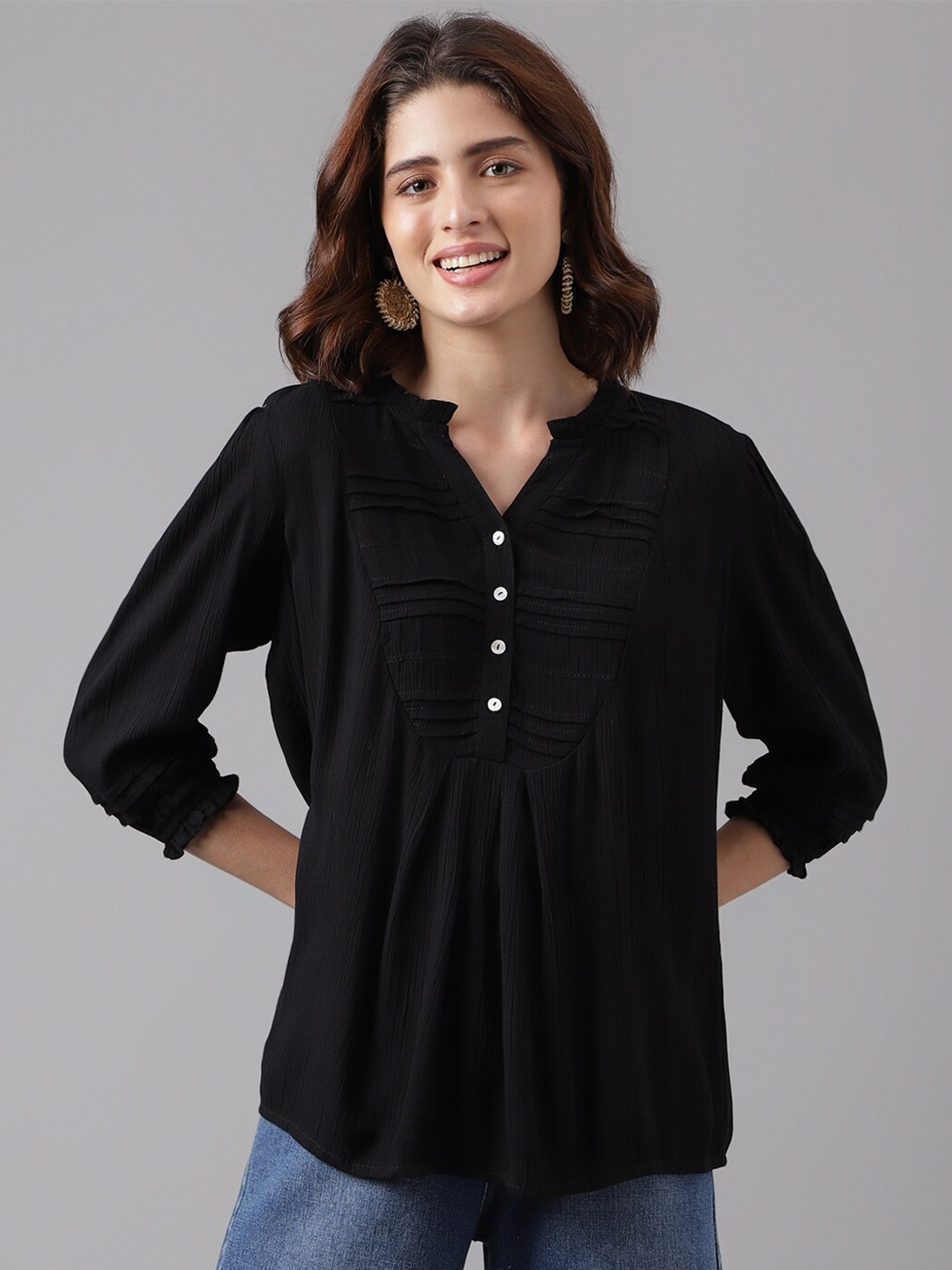 

Latin Quarters Mandarin Collar Puff Sleeves Top, Black