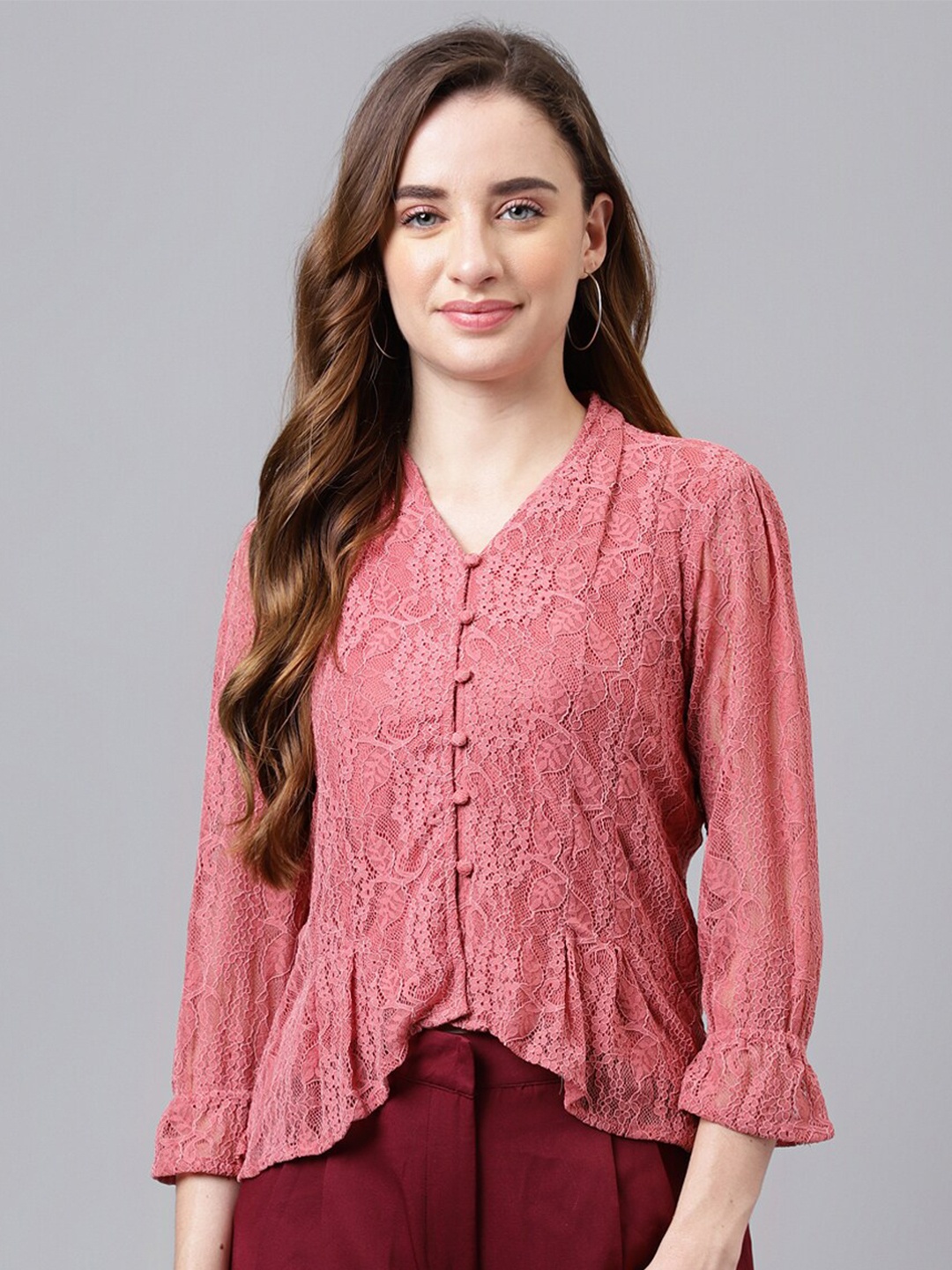 

Latin Quarters Self Design V-Neck Puff Sleeves Top, Coral
