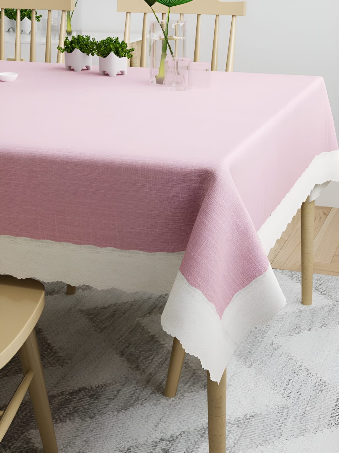 

CASA-NEST Pink & White Rectangular Anti-Slip Plastic 4-Seater Table Cover With Lace