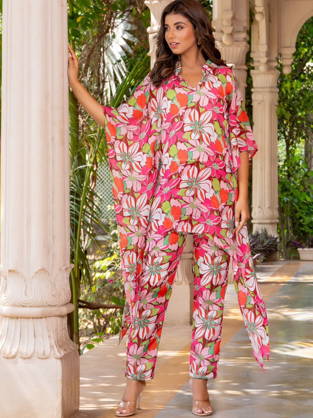 

HOUSE OF JAMOTI Floral Printed Kaftan Top With Trousers, Pink