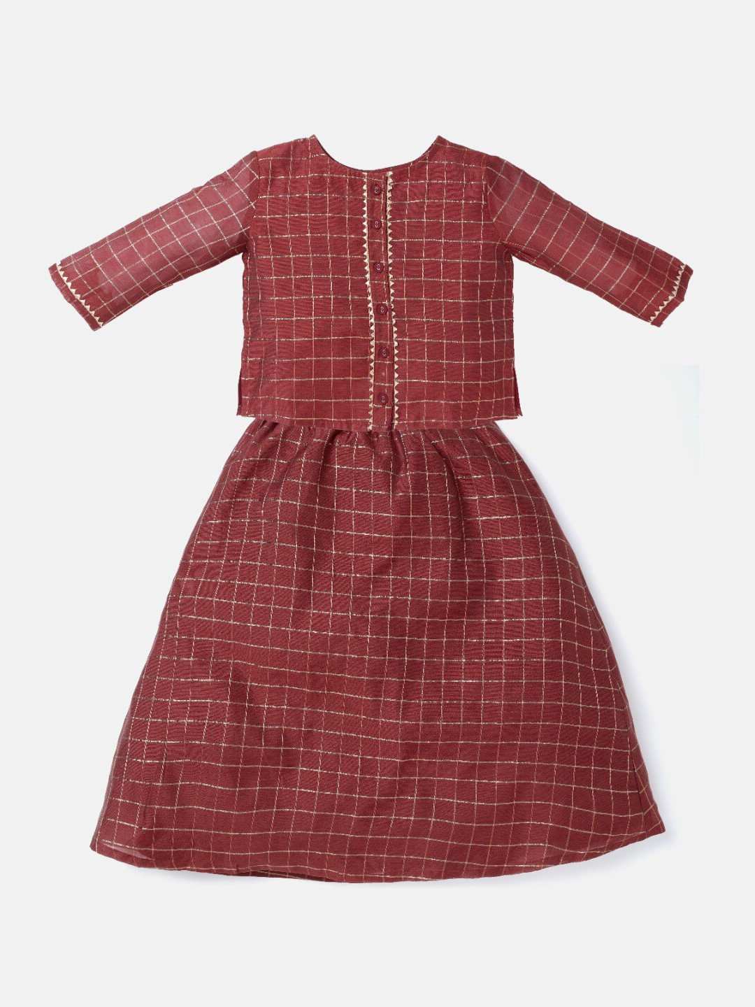 

Saaki Girls Checked Pure Silk Top With Skirt, Red