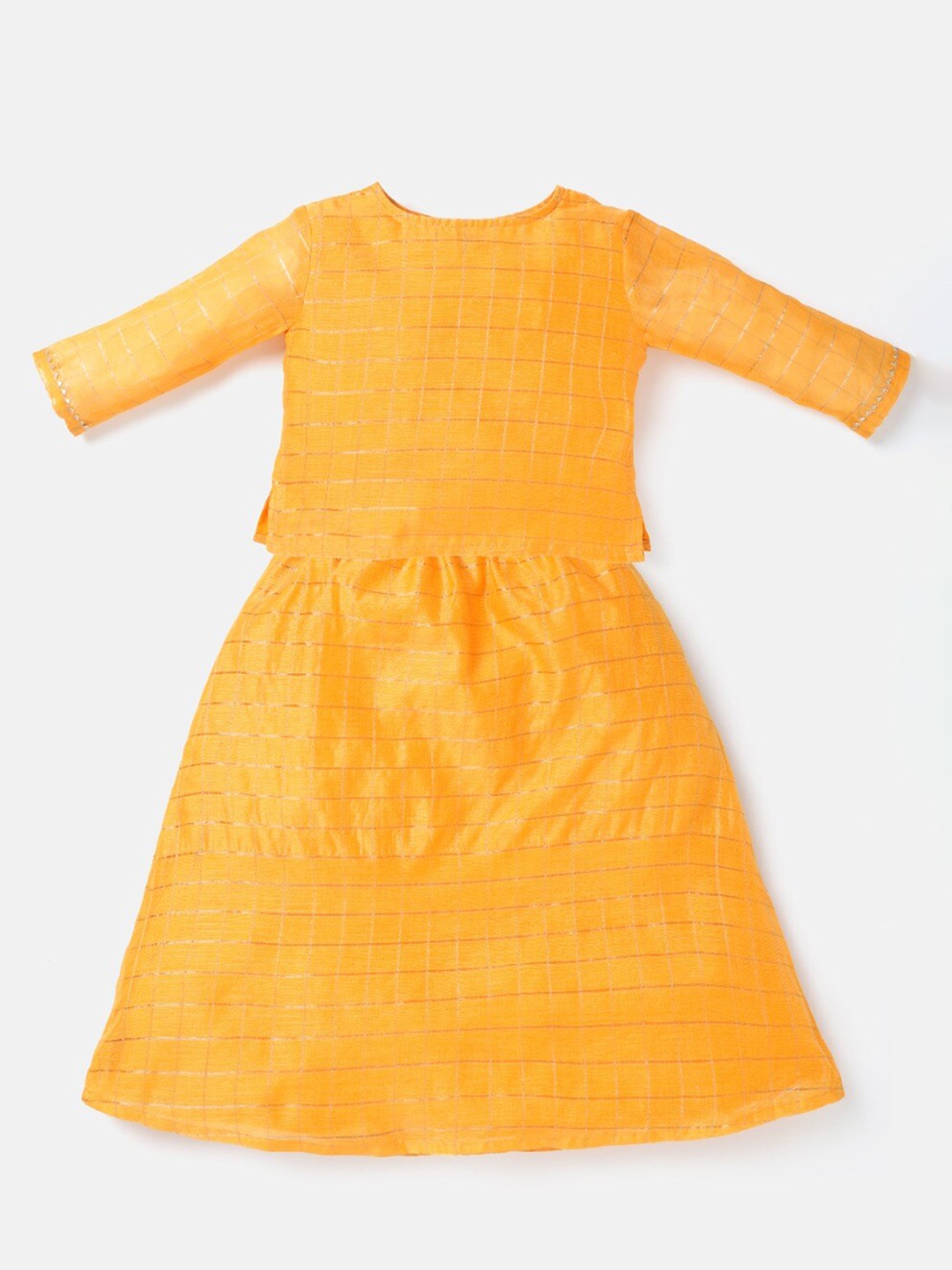 

Saaki Girls Checked Pure Silk Top With Skirt, Yellow