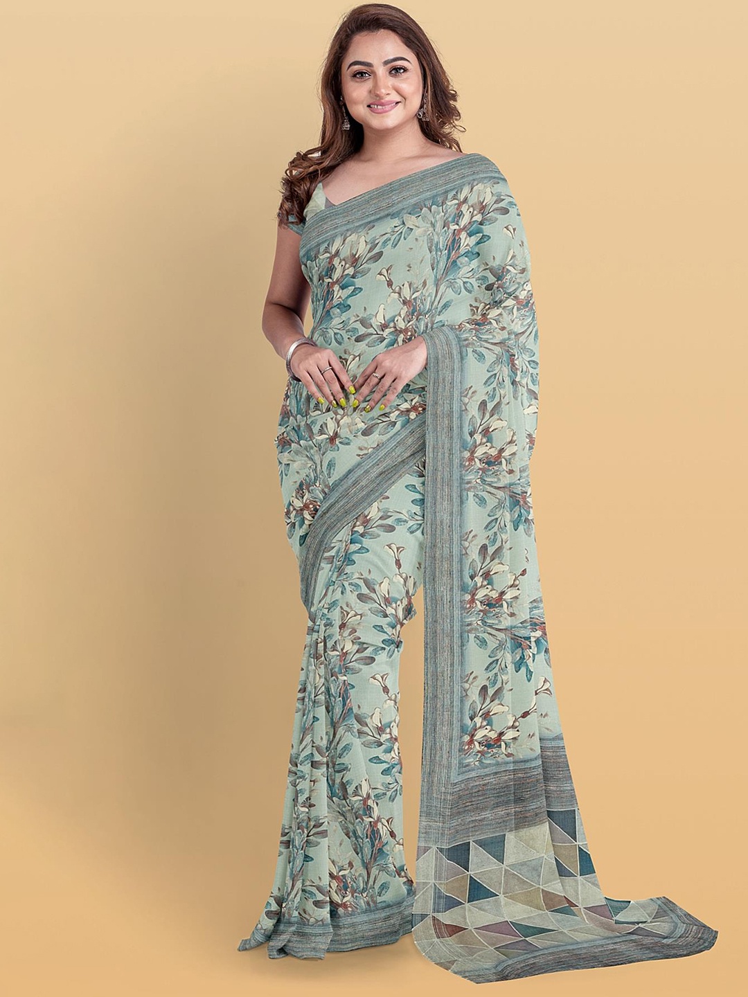 

Kalamandir Floral Printed Linen Blend Saree, Blue